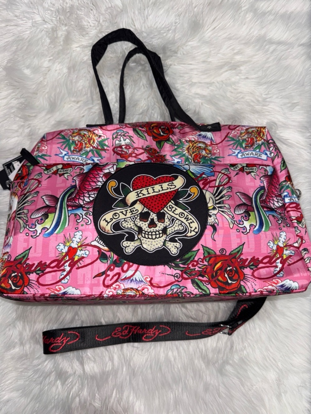 Ed Hardy Pink Tattoo-Print 'Love Kills Slowly' Skull Tote